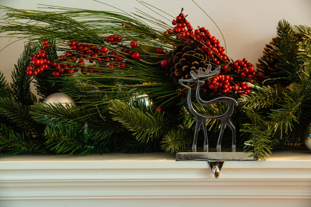 Christmas fireplace Reindeer stocking hanger and garland